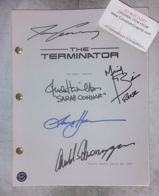 The Terminator 5x Cast Hand Signed Autograph Script COA Arnold Schwarzenegger, Linda Hamilton