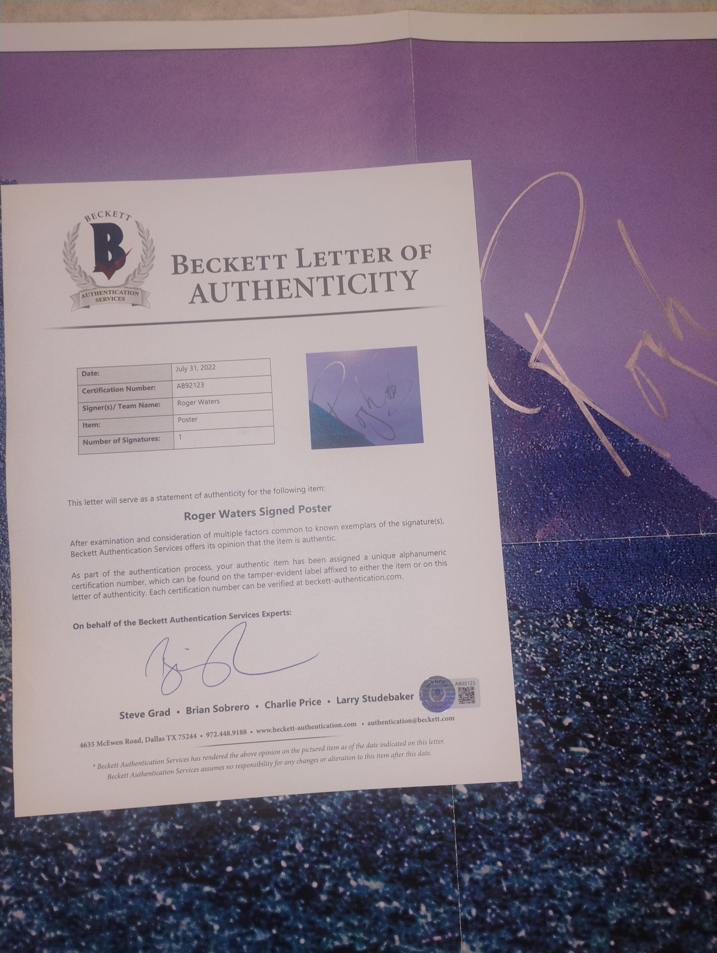 Roger Waters Hand Signed Autograph Poster BAS COA Pink Floyd