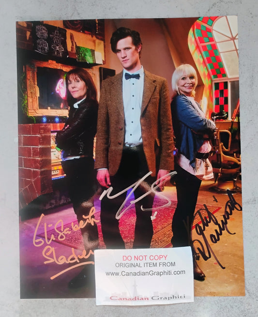 Matt Smith, Elisabeth Sladen & Katy Manning Hand Signed Autograph 8x10 Photo COA Doctor Who