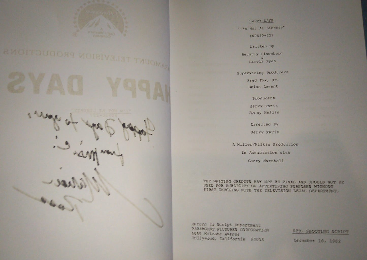 Marion Ross Hand Signed Autograph Happy Days Script COA