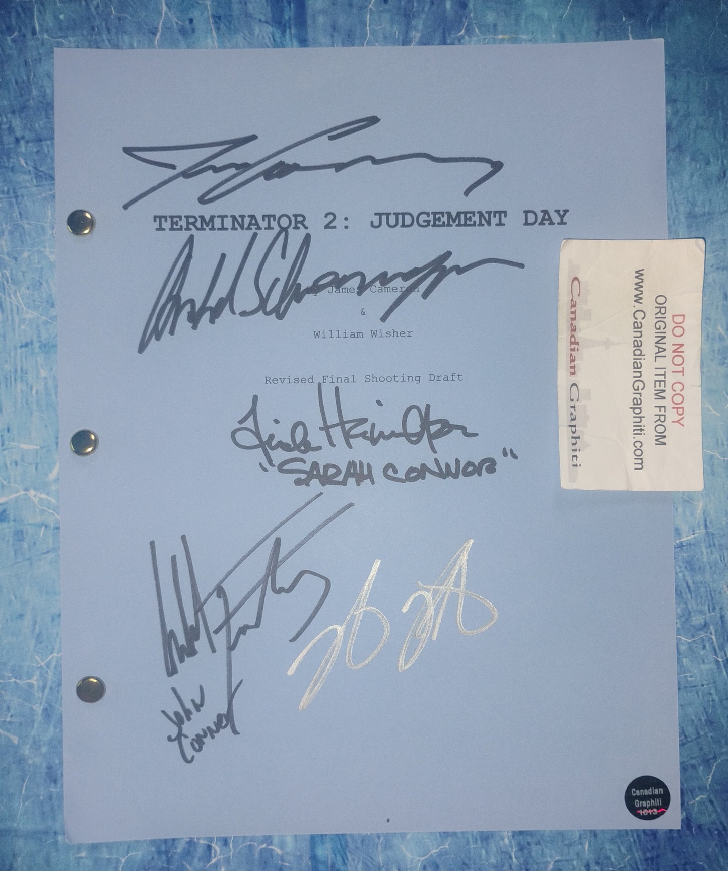 Terminator 2 Cast Hand Signed Script COA Arnold Schwarzenegger, Linda Hamilton, Edward Furlong