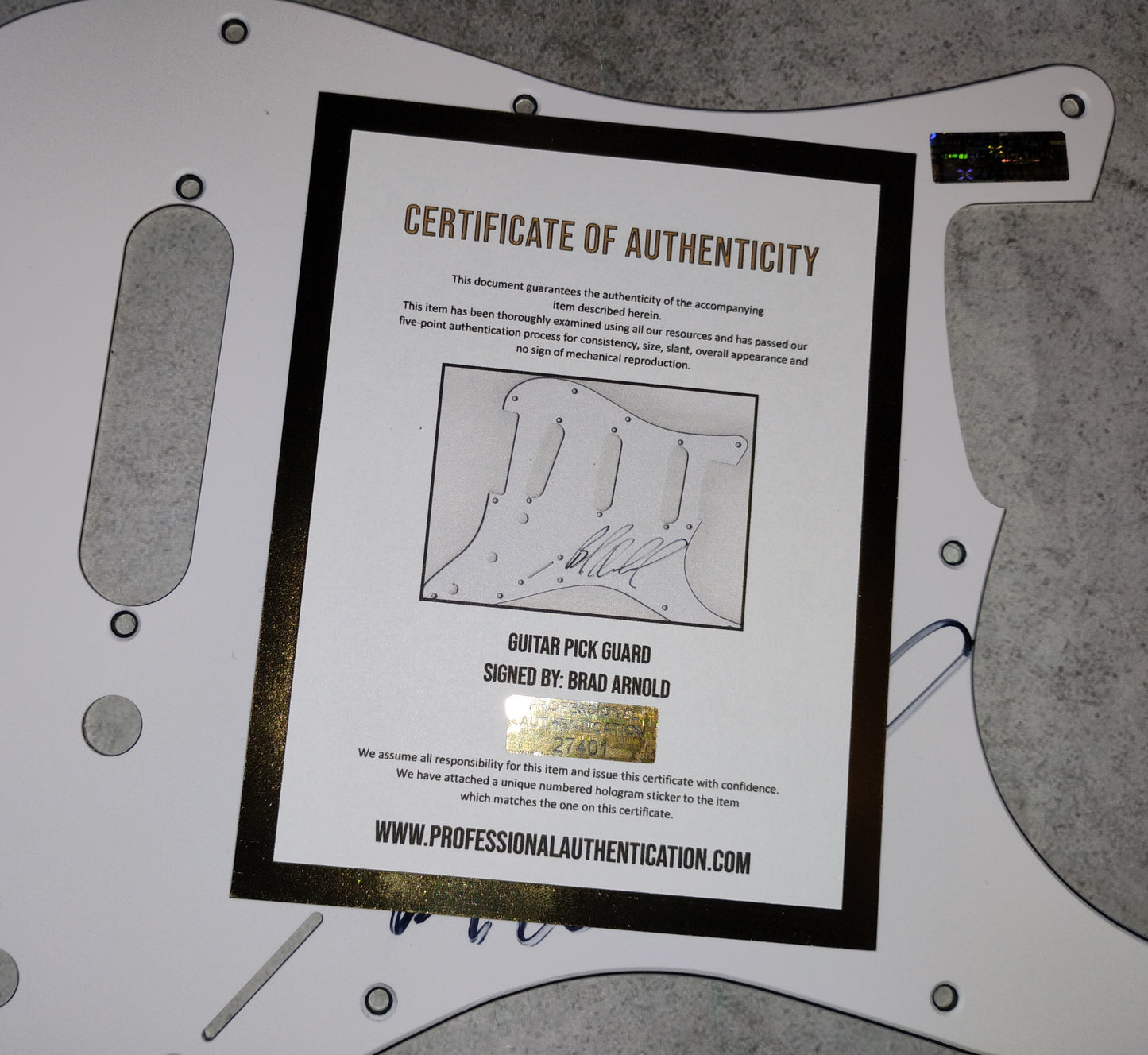 Brad Arnold Hand Signed Autograph Guitar Pick Guard COA 3 Doors Down