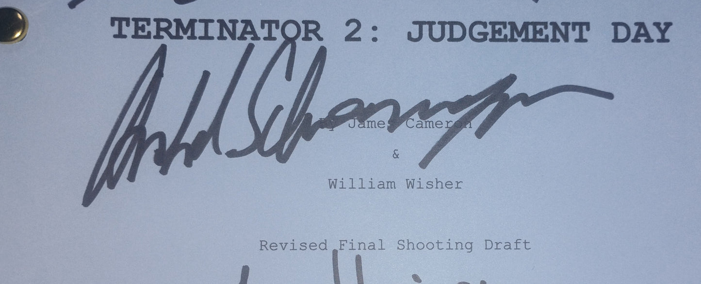 Terminator 2 Cast Hand Signed Script COA Arnold Schwarzenegger, Linda Hamilton, Edward Furlong