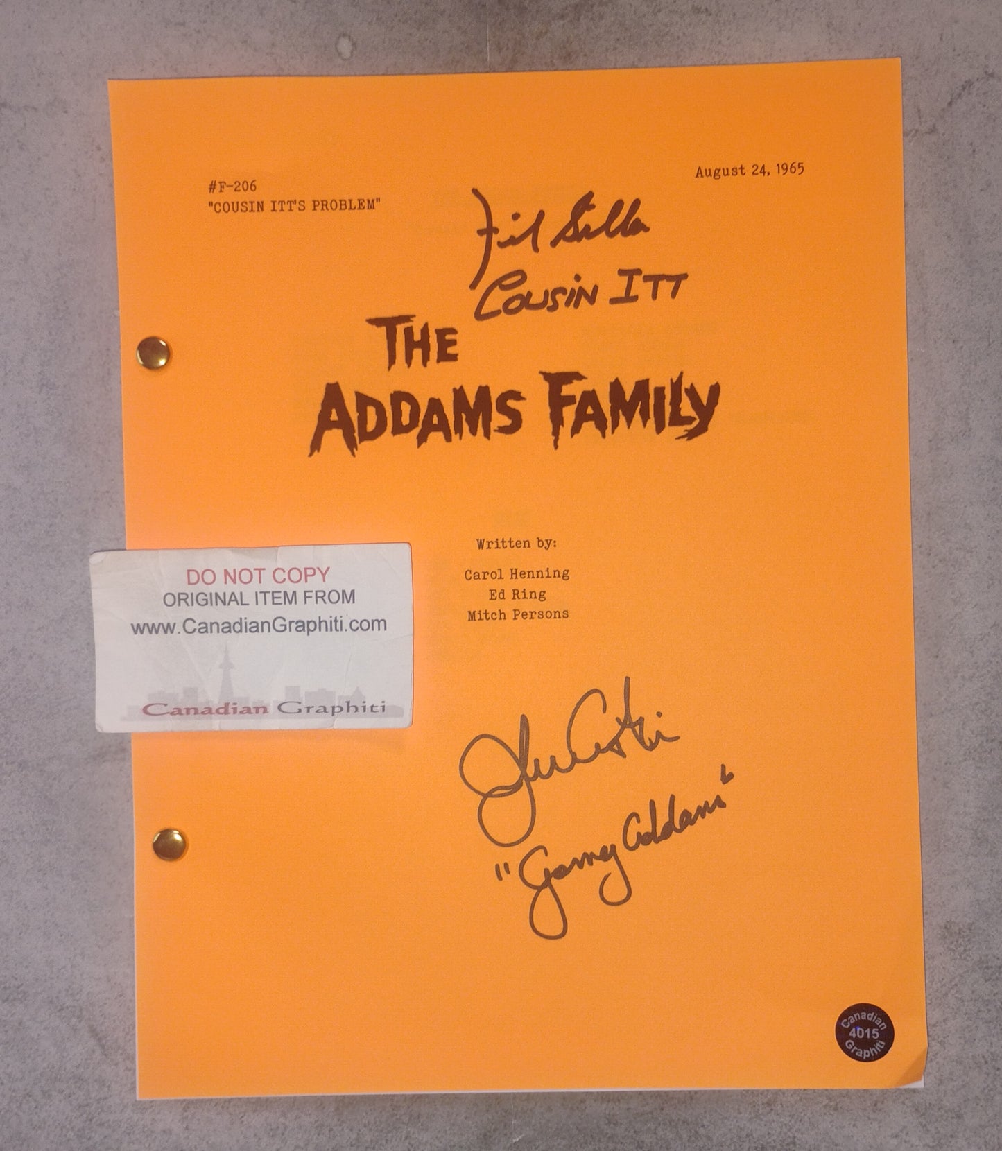 John Astin & Felix Silla Hand Signed Autograph The Addams Family Script COA