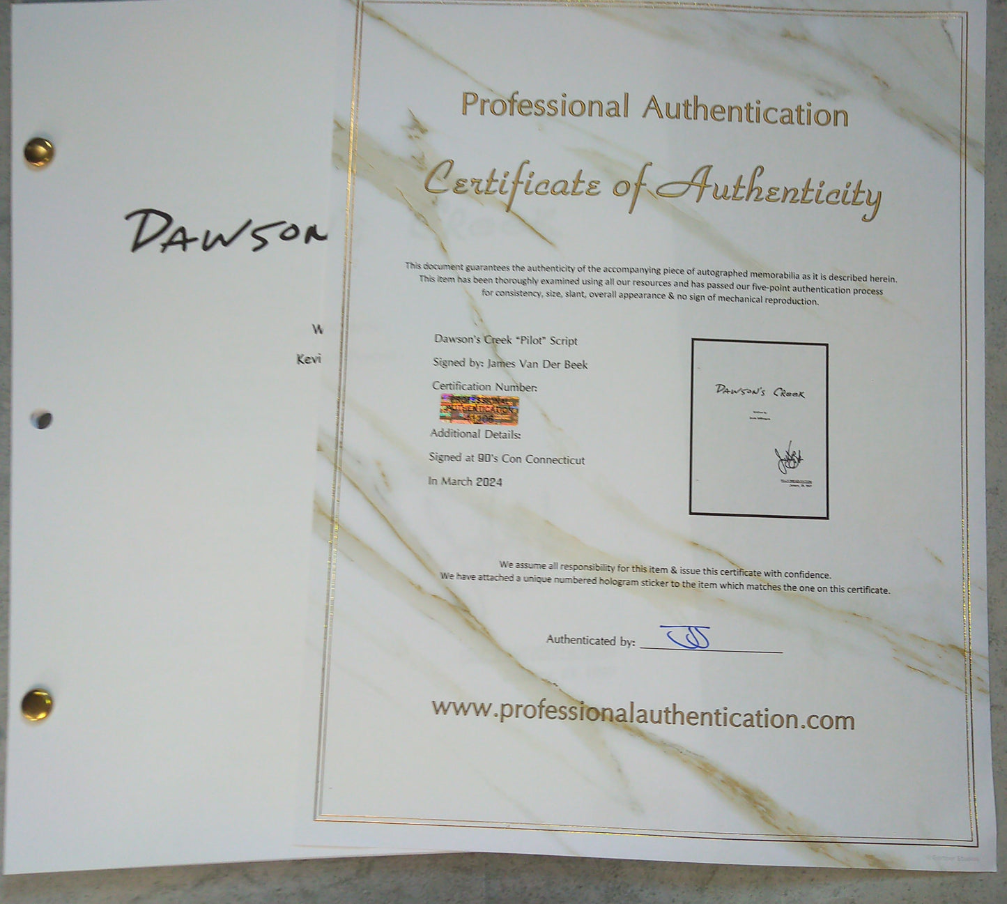 James Van Der Beek Hand Signed Autograph Dawson's Creek Script COA