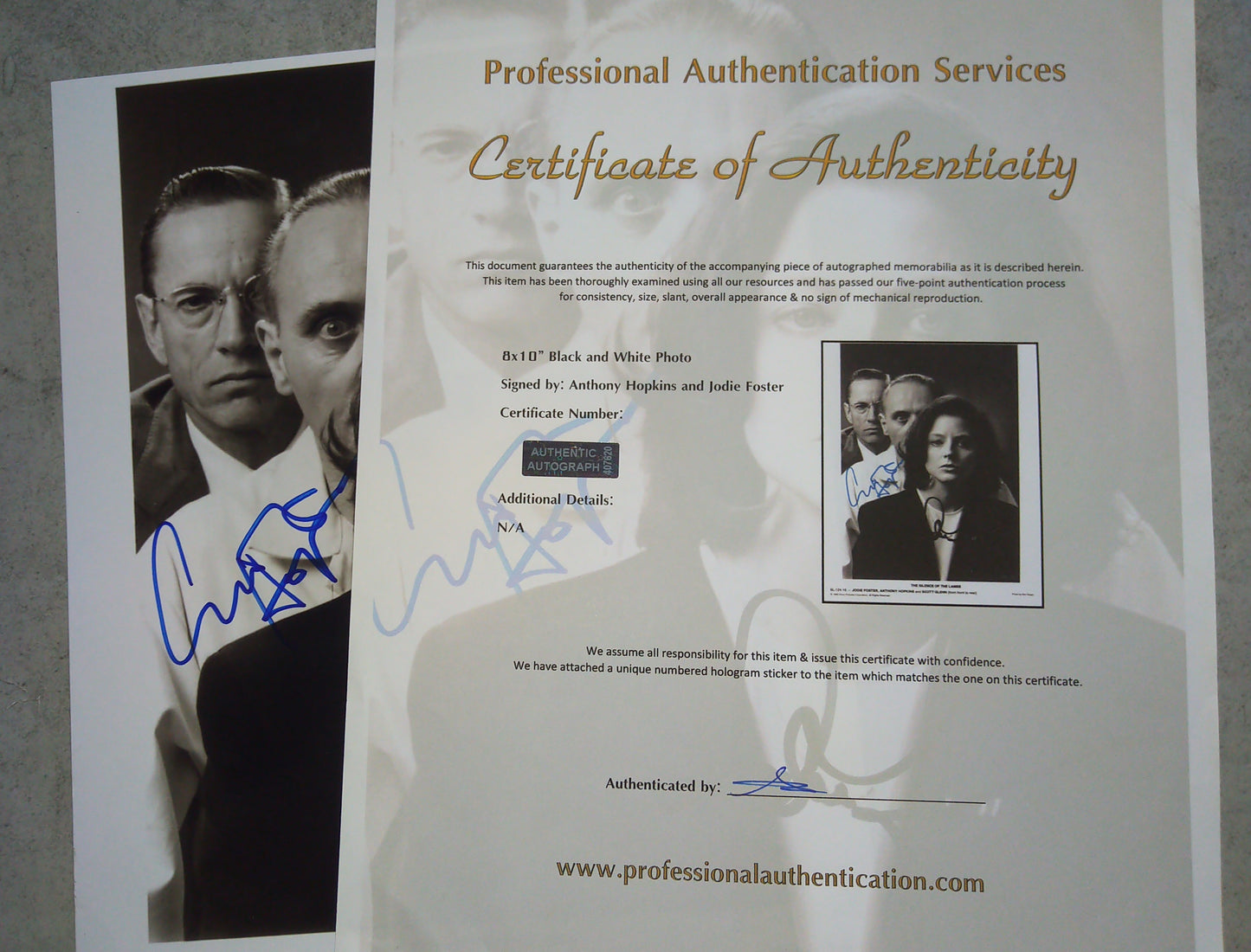 Jodie Foster & Anthony Hopkins Hand Signed Autograph 8x10 Photo COA Silence Of The Lambs