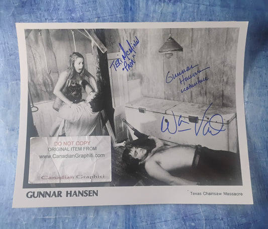 Gunnar Hansen, Teri McMinn & William Vail Hand Signed Autograph 8x10 Photo JSA COA Texas Chainsaw Massacre
