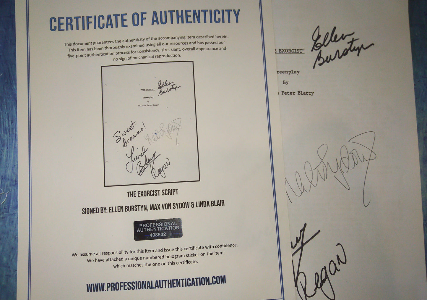 The Exorcist Cast Hand Signed Autograph Script COA Linda Blair, Ellen Burstyn & Max Von Sydow