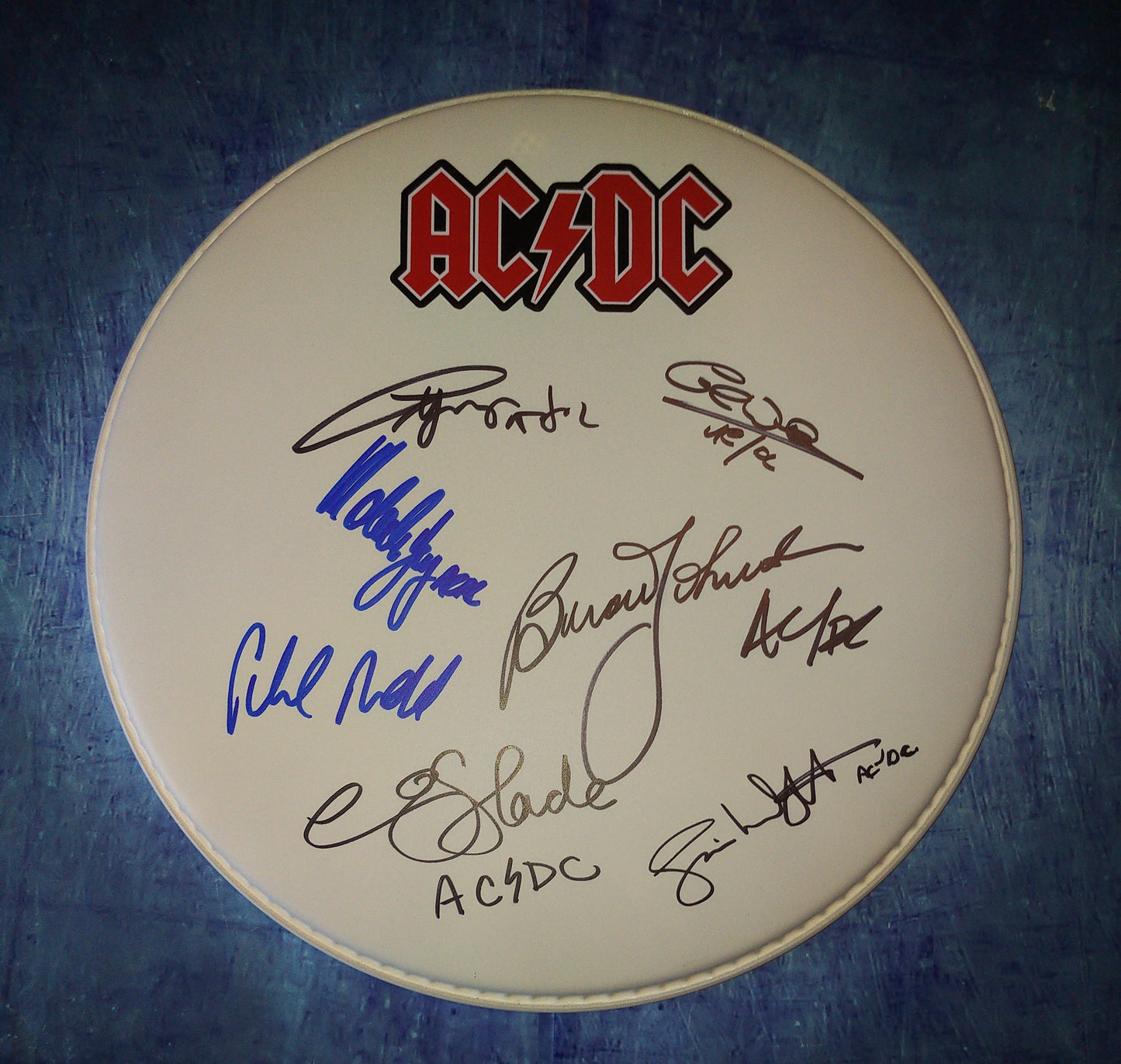 AC/DC 7x Band Hand Signed Drum Head Chris Slade, Phil Rudd, Simon Wright