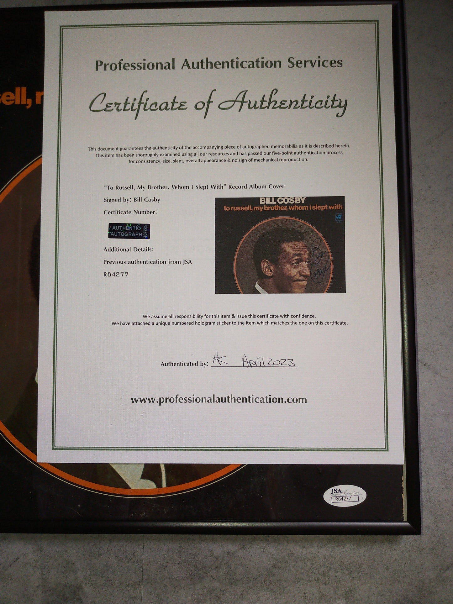 Bill Crosby Hand Signed Autograph Record Album Cover